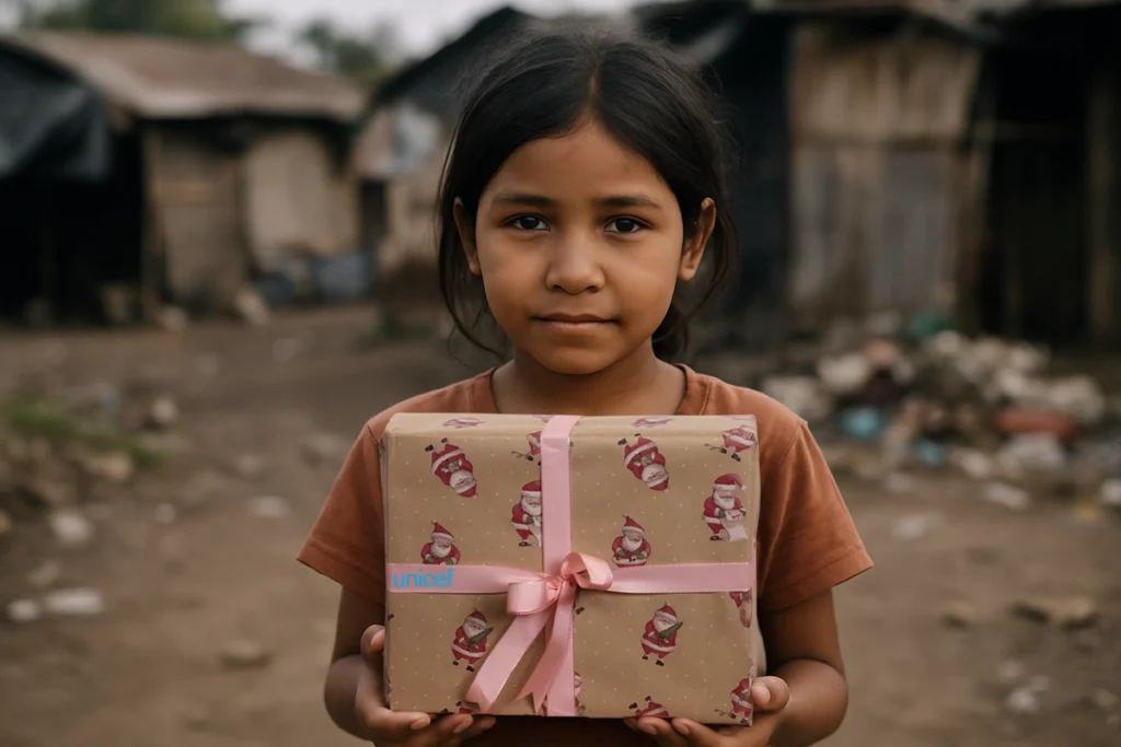 En pige med en pakke fra UNICEF